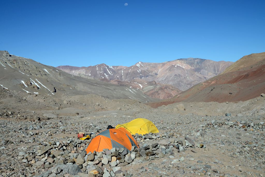 02 My Tent At Aconcagua Plaza Argentina Base Camp 4200m Looking Down The Relinchos Valley Toward Casa de Piedra With The Moon Overhead